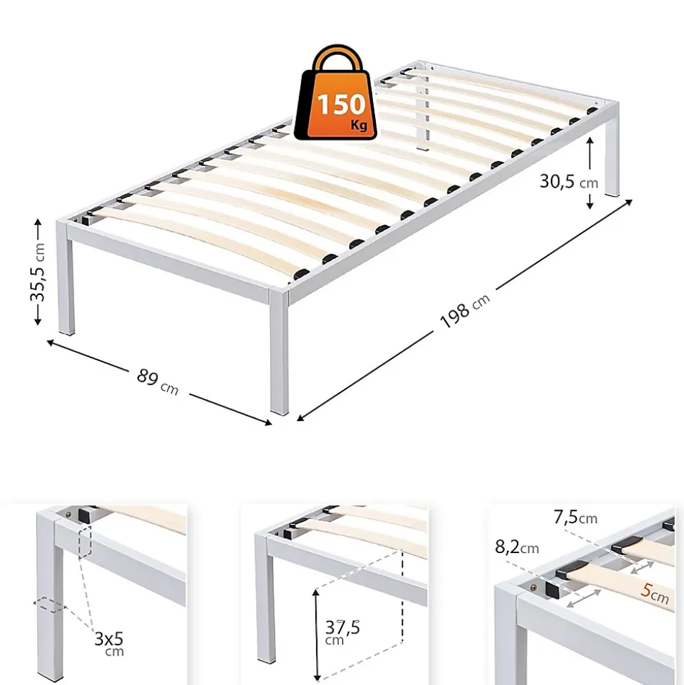 Sommier à Lattes Avec Pieds En Acier Robuste 90x200 Cm Blanc