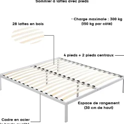 Sommier à Lattes Avec Pieds En Acier Robuste 160x200 Cm Blanc