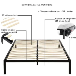 Sommier à Lattes Avec Pieds En Acier Robuste 160x200 Cm Noir