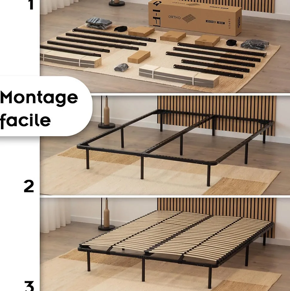 Sommier à Lattes En Acier Avec Bande Stabilisatrice Noir 180x200 Cm Avec Pieds