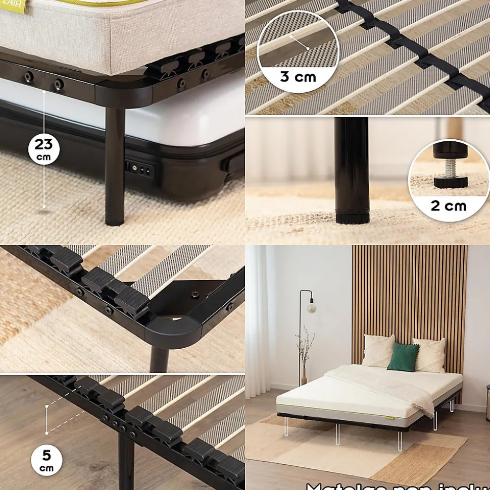 Sommier à Lattes En Acier Avec Bande Stabilisatrice Noir 180x200 Cm Avec Pieds