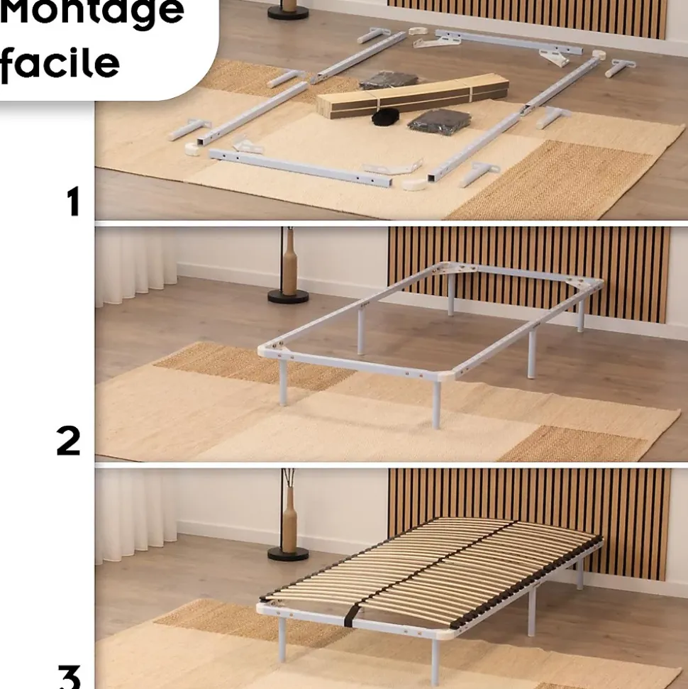 Sommier à Lattes En Acier Avec Bande Stabilisatrice Blanc 90x190 Cm Avec Pieds