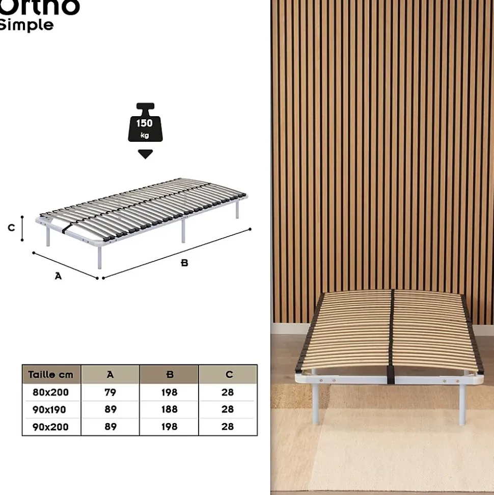 Sommier à Lattes En Acier Avec Bande Stabilisatrice Blanc 90x190 Cm Avec Pieds