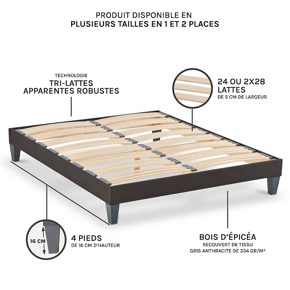 Sommier à lattes en bois Kit15 160x200 cm Coloris Gris anthracite Livré en kit