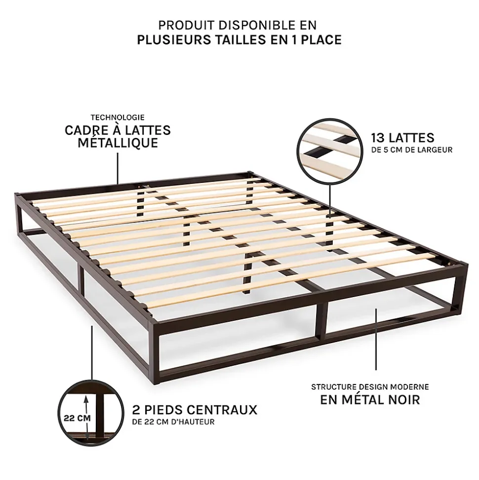 Sommier à lattes en métal Leonidas 140x190 cm Coloris Noir Livré en kit