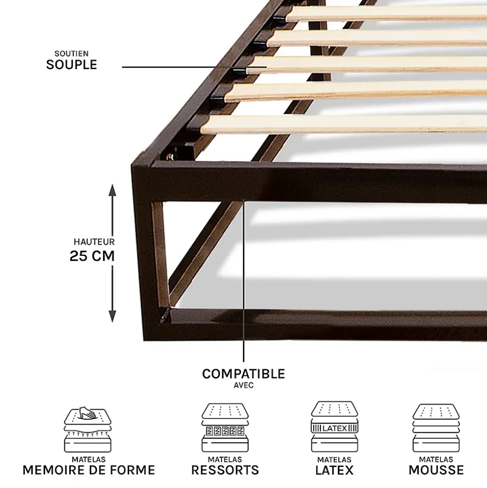 Sommier à lattes en métal Leonidas 140x190 cm Coloris Noir Livré en kit