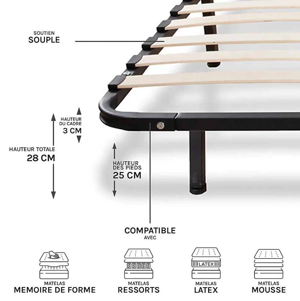 Sommier à lattes en métal Somkit 180x200 cm Coloris Noir Livré en kit