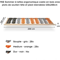 Sommier à Lattes Ergonomique Avec Plots De Soutien Cadre En Bois Tête Et Pied Relevables 120x200 Cm