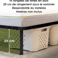 Sommier à Lattes Robuste Avec Pieds En Acier - Montage Facile - 180x200 Cm Noir