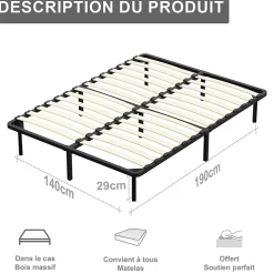 Sommier à Lattes sur Pieds,7 Pieds Inclus ,Lit 2x13 Lattes,140x190 CM