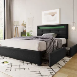 Sommier LED 2 Tiroirs 90x200cm Bois Tête Réglable Noir Blackcolors