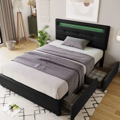 Sommier LED 2 Tiroirs 90x200cm Bois Tête Réglable Noir Blackcolors
