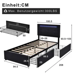 Sommier LED 2 Tiroirs 90x200cm Bois Tête Réglable Noir Blackcolors