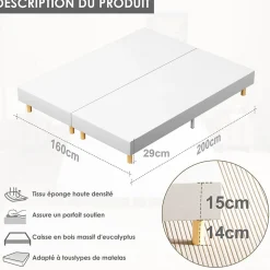Sommier tapissé 160x200 cm(2x80x200), 12 pieds pour un maintien stable, hauteur 29 cm, housse amovible incluse