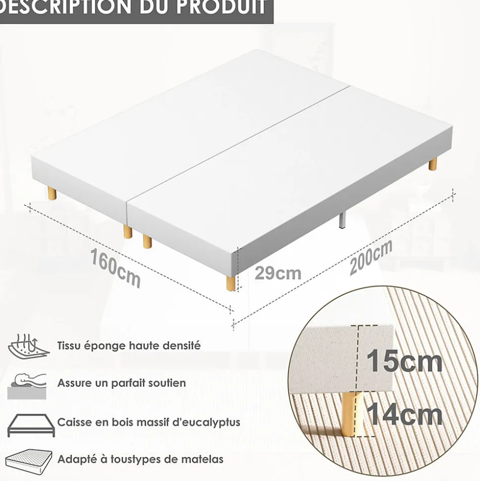 Sommier tapissé 160x200 cm(2x80x200), 12 pieds pour un maintien stable, hauteur 29 cm, housse amovible incluse