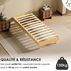 Sommier Tapissier à Lattes 80x200cm Blanc, 6 pieds