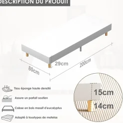 Sommier Tapissier à Lattes 80x200cm Blanc, 6 pieds