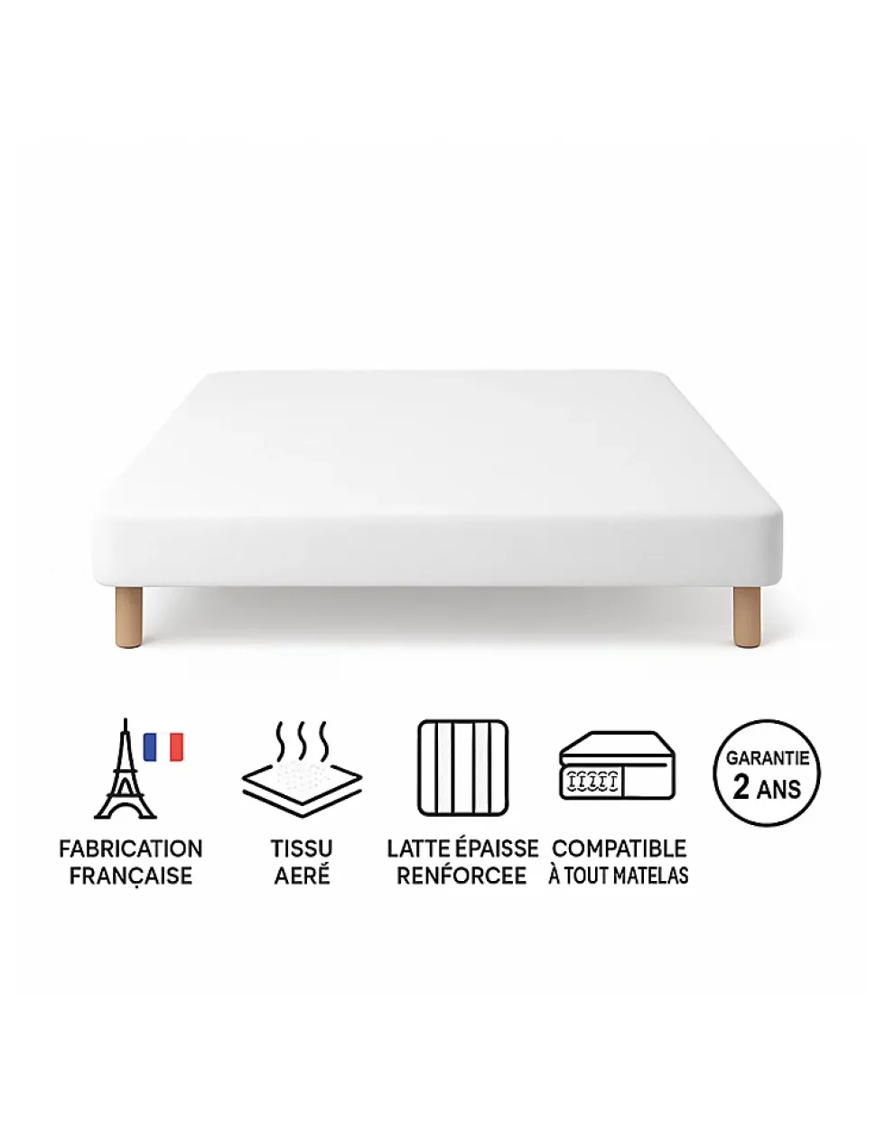 SOMMIER TAPISSIER BLANC 160x200 cm FABRICATION FRANÇAISE ARTISANALE PIEDS OFFERTS HAUTEUR avec PIEDS 27 cm