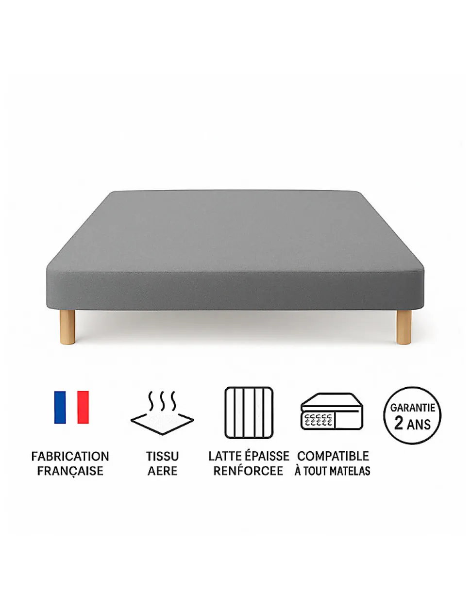 SOMMIER TAPISSIER GRIS 160x200 cm FABRICATION FRANÇAISE ARTISANALE PIEDS OFFERTS HAUTEUR avec PIEDS 27 cm