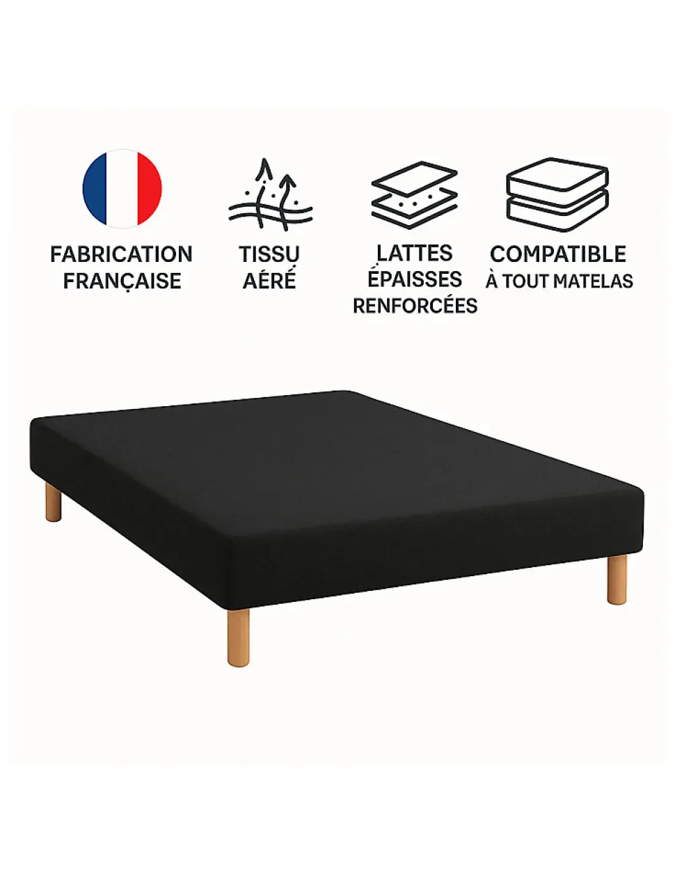 SOMMIER TAPISSIER NOIR 120x190 cm FABRICATION FRANÇAISE ARTISANALE PIEDS OFFERTS HAUTEUR avec PIEDS 27 cm