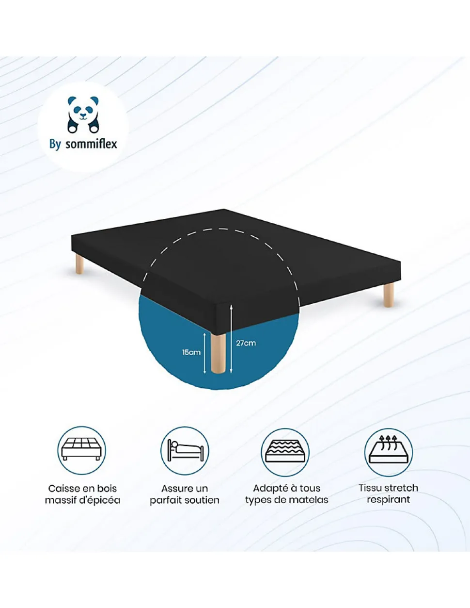 SOMMIER TAPISSIER NOIR 140x200 cm FABRICATION FRANÇAISE ARTISANALE PIEDS OFFERTS HAUTEUR avec PIEDS 27 cm