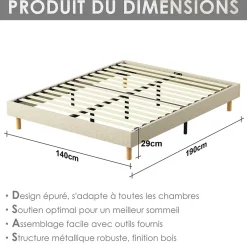 Sommier tapissier 140x190 cm 2x14 lattes, 9 pieds Hauteur du cadre 29 cm
