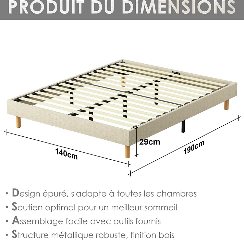 Sommier tapissier 140x190 cm 2x14 lattes, 9 pieds Hauteur du cadre 29 cm