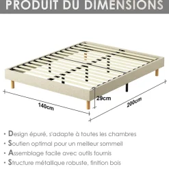 Sommier tapissier 140x200cm, 14 lattes, 9 pieds Hauteur du cadre 29 cm
