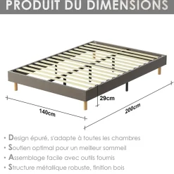 Sommier tapissier 140x200cm, 14 lattes, 9 pieds Hauteur du cadre 29 cm