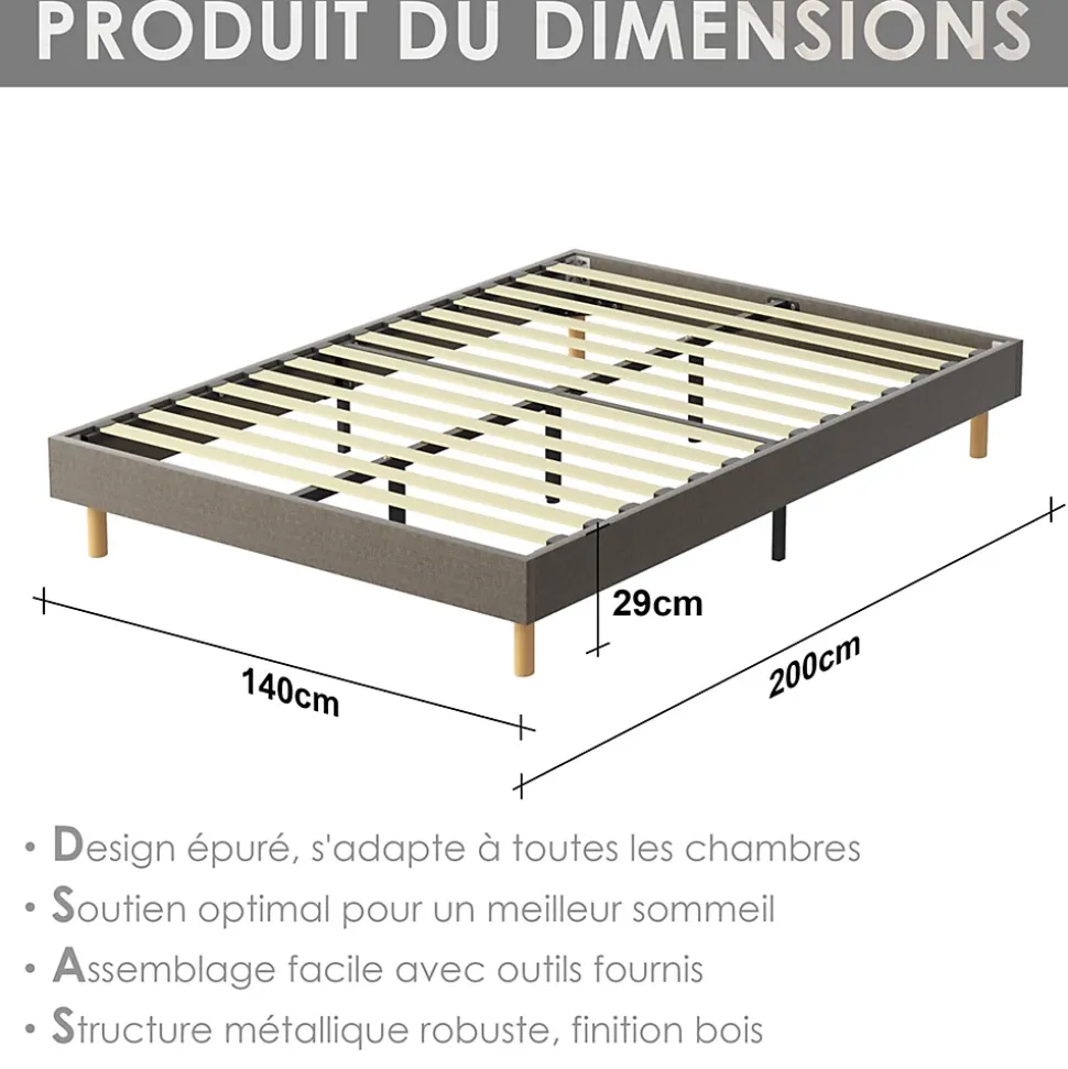 Sommier tapissier 140x200cm, 14 lattes, 9 pieds Hauteur du cadre 29 cm