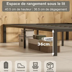Sommier 140x190, Cadre de Lit 140x190 cm, Hauteur 36 cm pour Rangement, Plateforme en Métal, Lit 140 x 190 avec Sommier