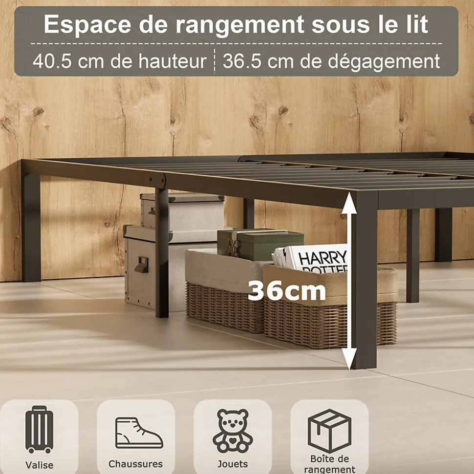 Sommier 140x190, Cadre de Lit 140x190 cm, Hauteur 36 cm pour Rangement, Plateforme en Métal, Lit 140 x 190 avec Sommier