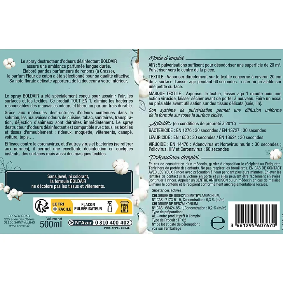 Spray destructeur d'odeurs désinfectant coton Boldair 500ml