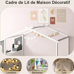 Structure de Lit 200x140CM avec Bureau Étude sur le Côté et 2 Tiroirs Aucun Sommier Nécessaire 253X102X193CM Blanc