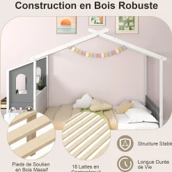 Structure de Lit 200x140CM avec Bureau Étude sur le Côté et 2 Tiroirs Aucun Sommier Nécessaire 253X102X193CM Blanc