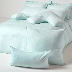 Taie d'oreiller à  volants bleu satin rayé en coton égyptien 330 fils, 50x75 cm - HOMESCAPES