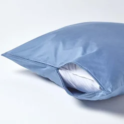 Taie d'oreiller bleu en satin de coton égyptien 1000 fils, 80x80 cm - HOMESCAPES