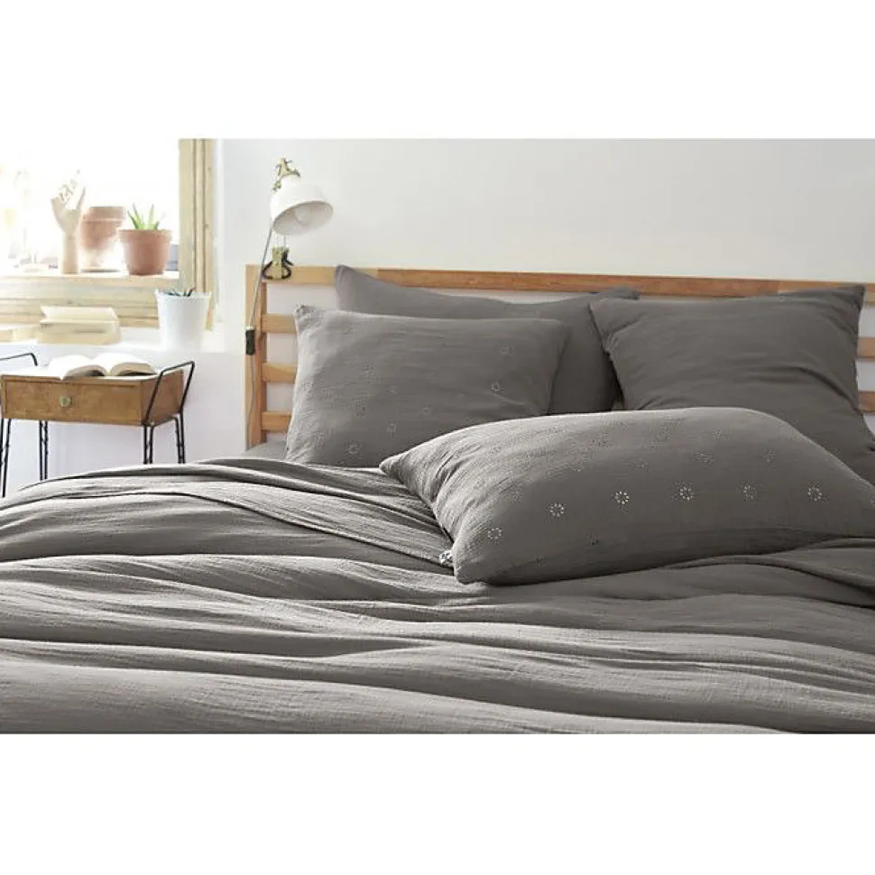 Taie d'oreiller Brodée Déco "Gaïa Boho" 60 x 60 cm & 50 x 70 cm "Gaze de Coton" - Gaïa Boho Granit - 50 x 70 cm