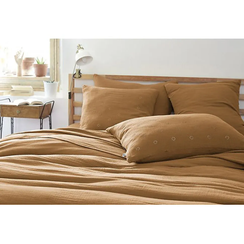 Taie d'oreiller Brodée Déco "Gaïa Boho" 60 x 60 cm & 50 x 70 cm "Gaze de Coton" - Gaïa Boho Camel - 60 x 60 cm