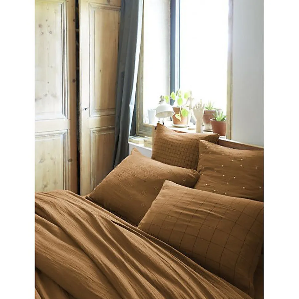 Taie d'oreiller Brodée Déco "Gaïa Boho" 60 x 60 cm & 50 x 70 cm "Gaze de Coton" - Gaïa Boho Camel - 60 x 60 cm