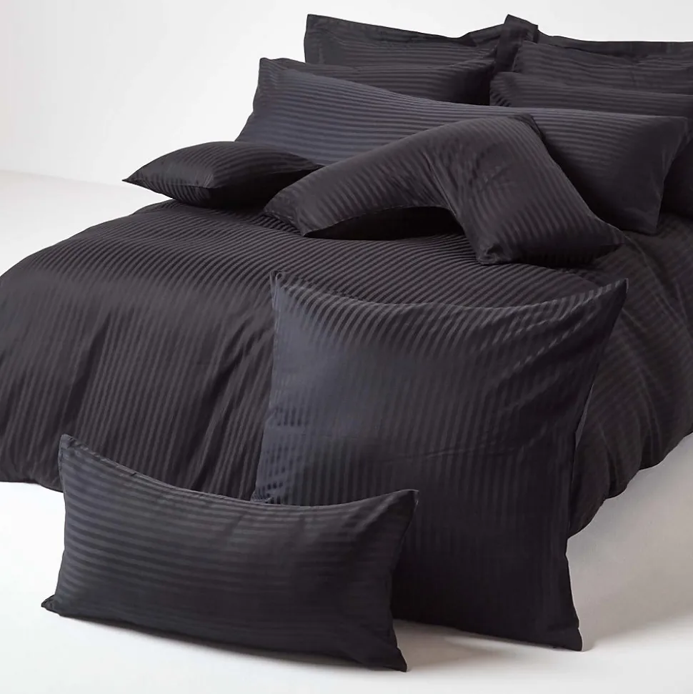 Taie d'oreiller noir satin rayé en coton égyptien 330 fils, 50x75 cm - HOMESCAPES