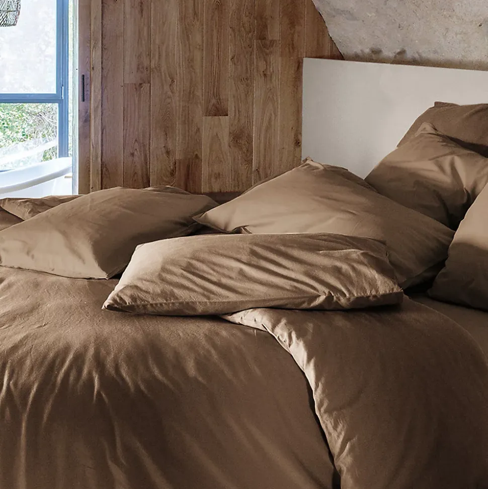 Taie d'oreiller PALACE pur coton lavé 65x65 cm uni marron cognac