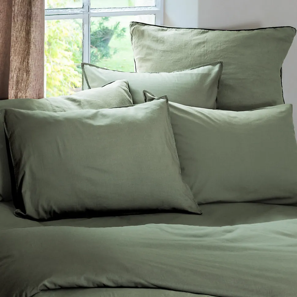 Taie d'oreiller PALACE pur coton lavé 65x65 cm uni vert mousse
