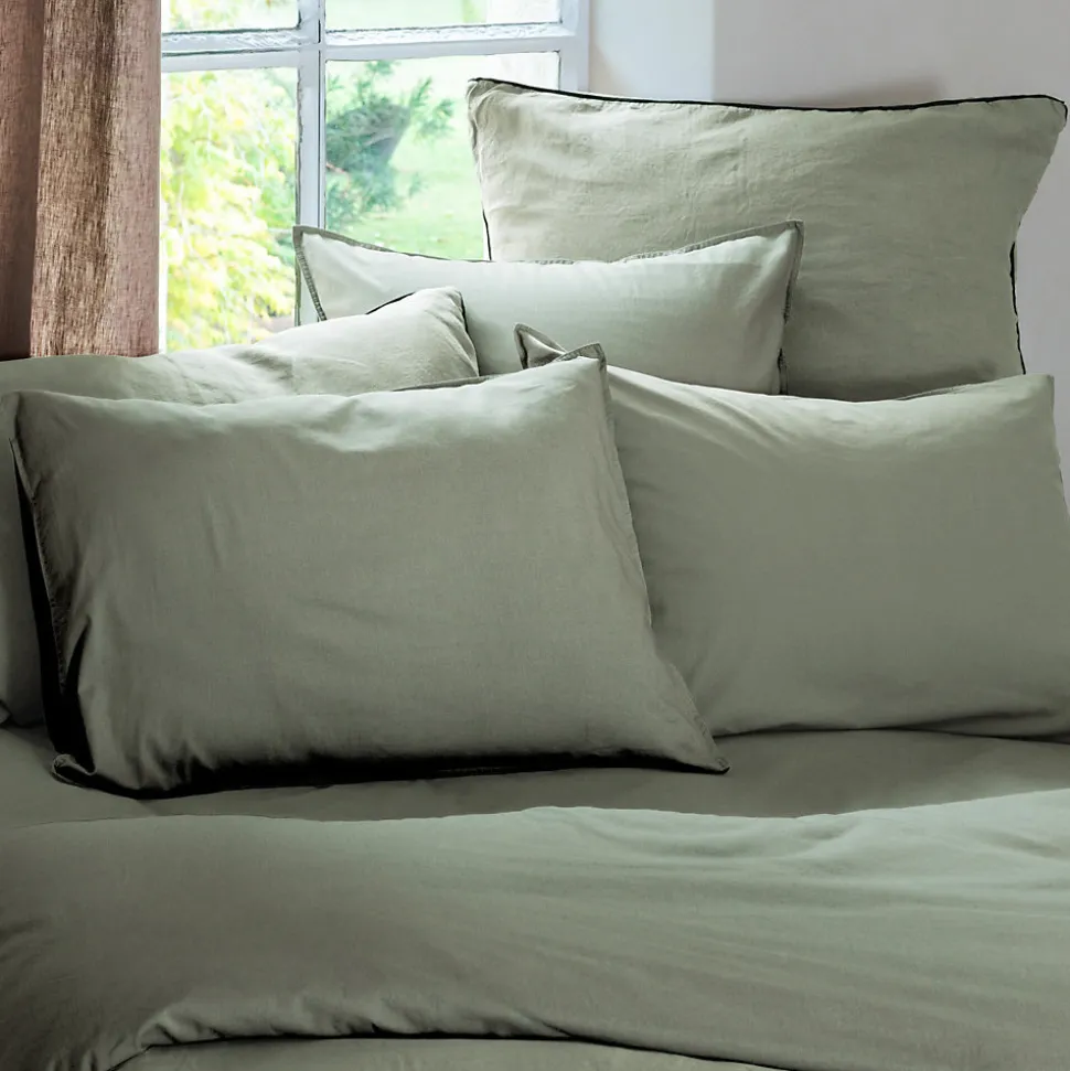 Taie d'oreiller PALACE pur coton lavé 65x65 cm uni vert sauge
