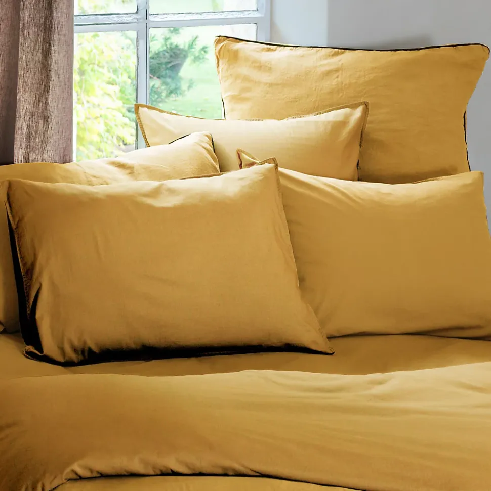 Taie d'oreiller PALACE pur coton lavé 65x65 cm uni jaune curry