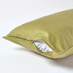 Taie d'oreiller vert olive en satin de coton égyptien 1000 fils, 40x80 cm - HOMESCAPES