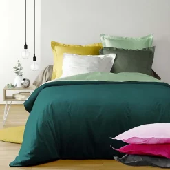 Taie d'oreiller volant plat 63 x 63 cm uni 57 fils lina +point bourdon Bleu nuit