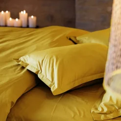Taie d'oreiller volants plats 65x65 cm percale MANOIR jaune Moutarde