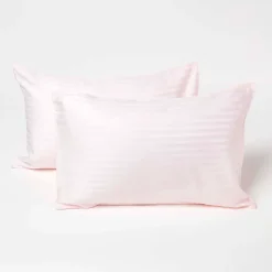Taies d'oreiller enfant rose satin rayé en coton égyptien 330 fils, 40x60 cm, lot de 2 - HOMESCAPES