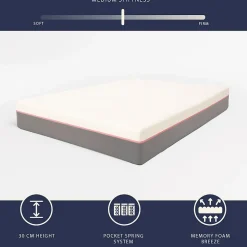 The White Stone Matelas 90x190 en Mousse à Mémoire Breeze et Ressorts Ensachés, Hauteur 30 cm